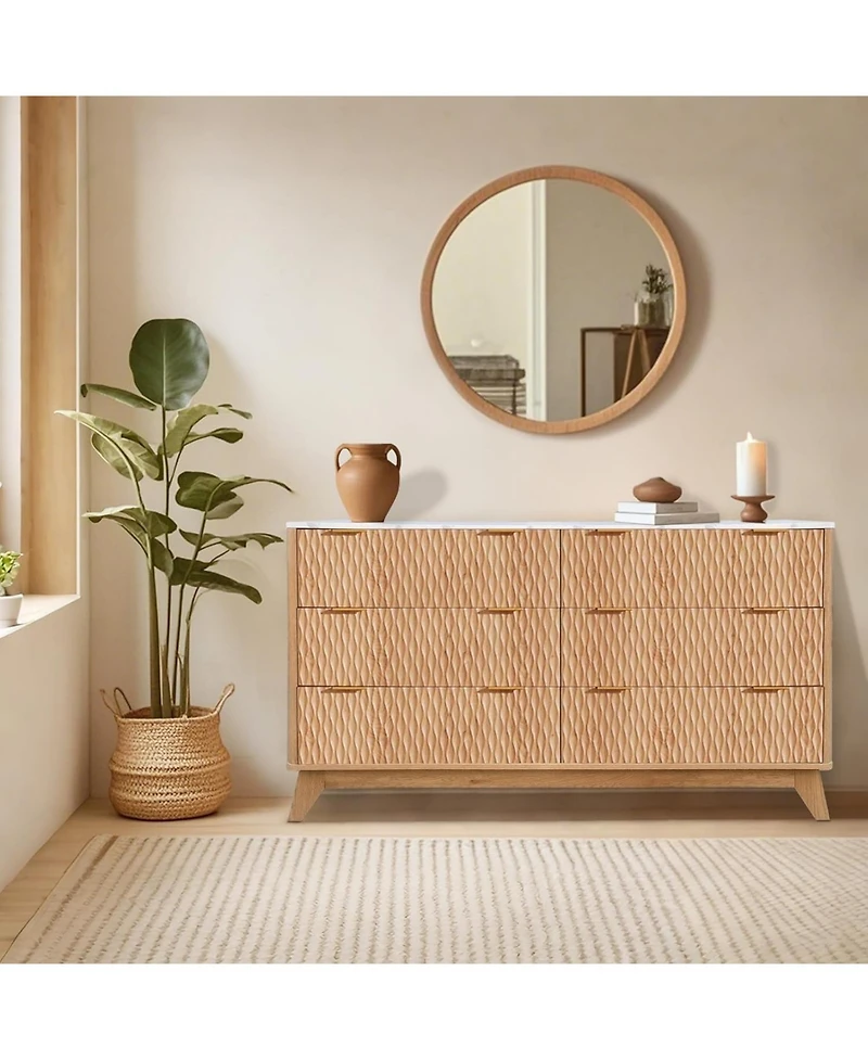 gaomon 54" Rustic Drip-Pattern 6-Drawer Dresser with Faux Marble Top, Wide Farmhouse Storage Chest for Nursery, Bedroom, Living Room, Hallway