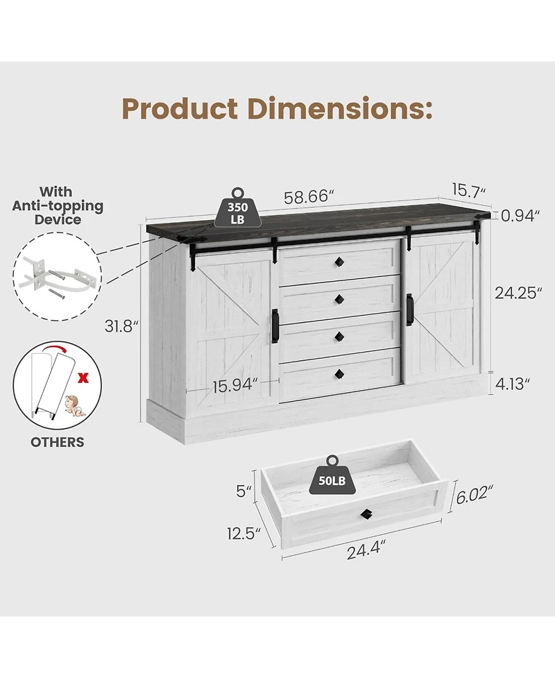 Gaomon 59" Farmhouse 4-Drawer Dresser with Sliding Barn Doors, Wide Tv Stand and Storage Chest for Bedroom or Closet