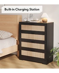 Gaomon Modern Rattan 4-Drawer Wood Dresser with Power Station, Tall Storage Chest for Bedroom, Hallway, Entryway, or Living Room