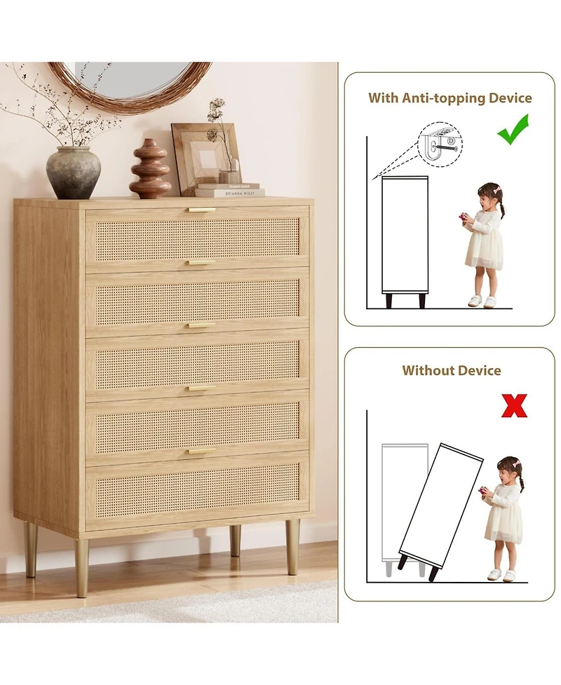Gaomon 44-Inch Modern Boho Rattan 5-Drawer Dresser with Gold Legs and Handles, Anti-Tip Design for Bedroom and Living Room