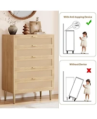 Gaomon 44-Inch Modern Boho Rattan 5-Drawer Dresser with Gold Legs and Handles, Anti-Tip Design for Bedroom and Living Room