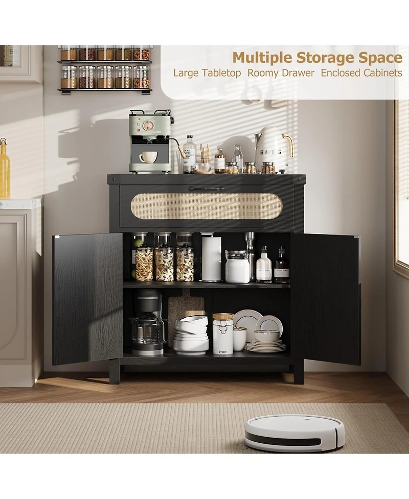 gaomon Rattan Sideboard Buffet Cabinet with Drawer, Farmhouse Kitchen Accent Storage, Boho Wooden Coffee Bar Console