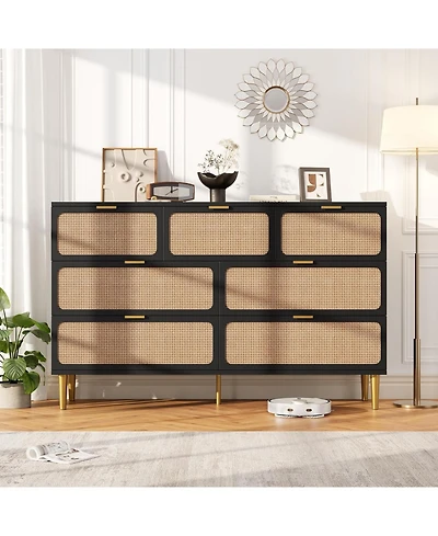 gaomon Rattan 7-Drawer Bedroom Dresser, Tall Modern Chest with Deep Drawers, Wide Top Wooden Closet Organizer for Living Room, Hallway, Kids Room