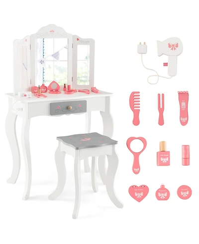 Gymax Mdf Wood Tri-Folding Acrylic Mirror, Removable Mirror, Anti-Tip Safety, Includes Accessories Kids Vanity Set