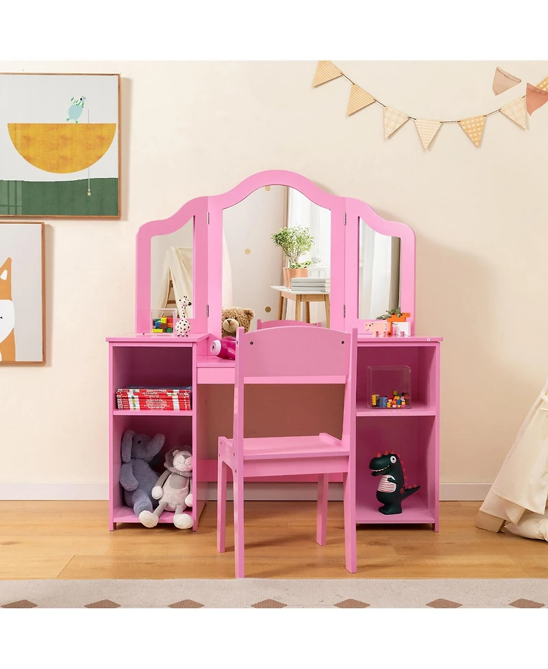 Gymax Kids Vanity 2 1 Princess Makeup Desk & Chair Set Safe Tri-fold Mirror