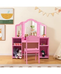 Gymax Kids Vanity 2 1 Princess Makeup Desk & Chair Set Safe Tri-fold Mirror