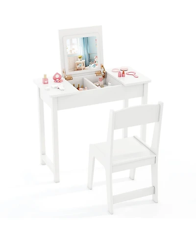 Gymax Kids Vanity Table & Chair Set 2-in-1 Princess Makeup Dressing Desk