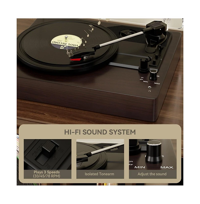 Artudatech Retro Record Player System with 3-Speed Turntable, Bluetooth 5.0 & Dual Speakers
