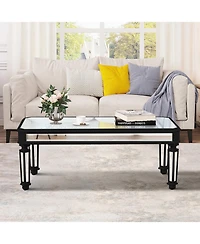 Streamdale Furniture Silver Mirrored Coffee Table Black Carved Wood Rectangle Glass Tea Table