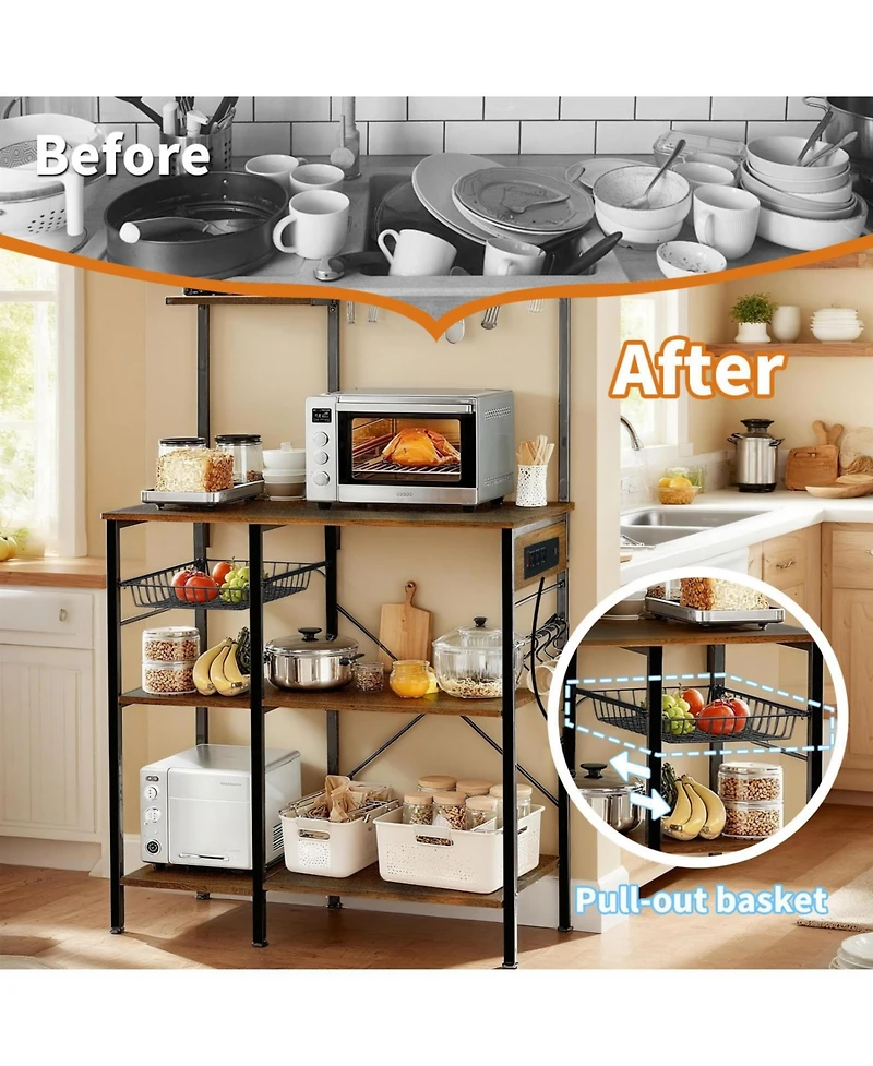 Streamdale Bakers Rack with Power Outlet, Microwave Stand, Coffee Bar, Kitchen Shelf (Brown)