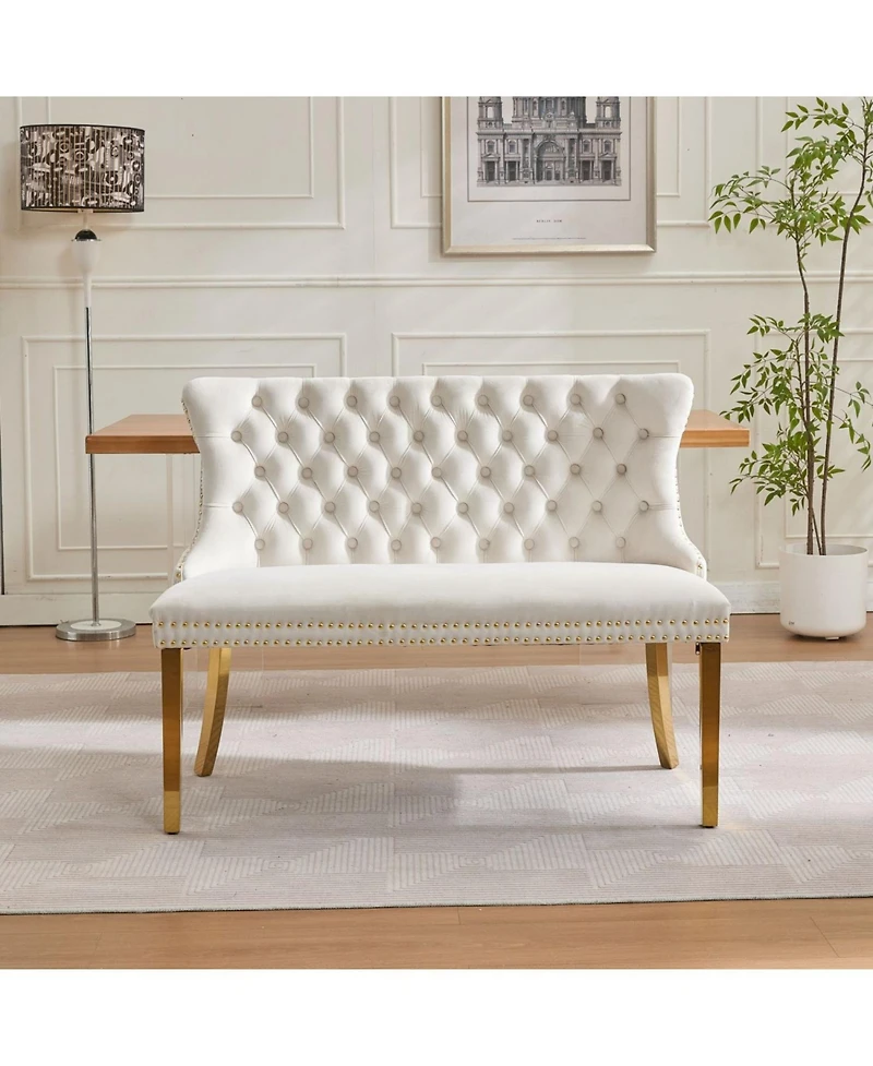 Streamdale Furniture Velvet Dining Loveseat Bench, Tufted 2-Seat, Gold Legs, Mid Century Modern, Beige