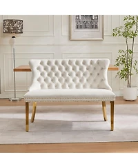 Streamdale Furniture Velvet Dining Loveseat Bench, Tufted 2-Seat, Gold Legs, Mid Century Modern, Beige