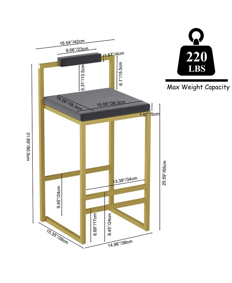 Streamdale Velvet Bar Stools Set of 2, Counter Height, Gold & Gray