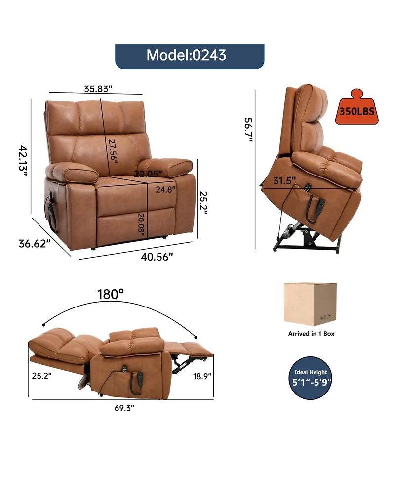 Streamdale Furniture Orange Leatheraire Power Lift Recliner w/ Heat & Massage