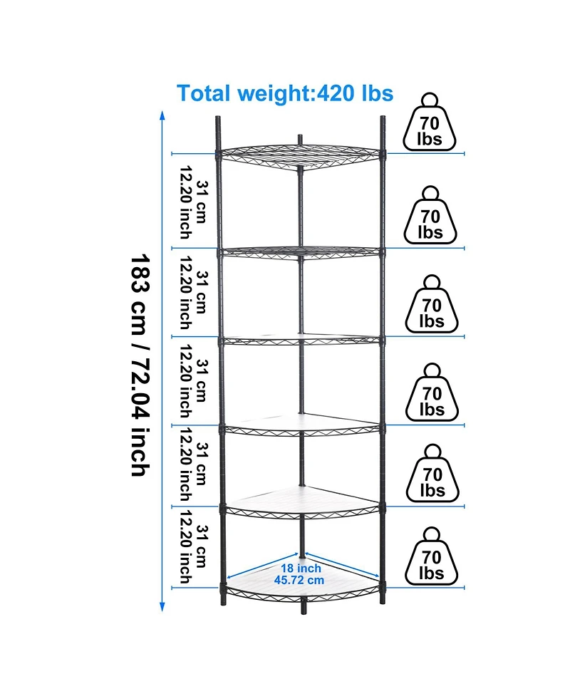 Streamdale Furniture 6-Tier Corner Wire Shelf Rack - Black