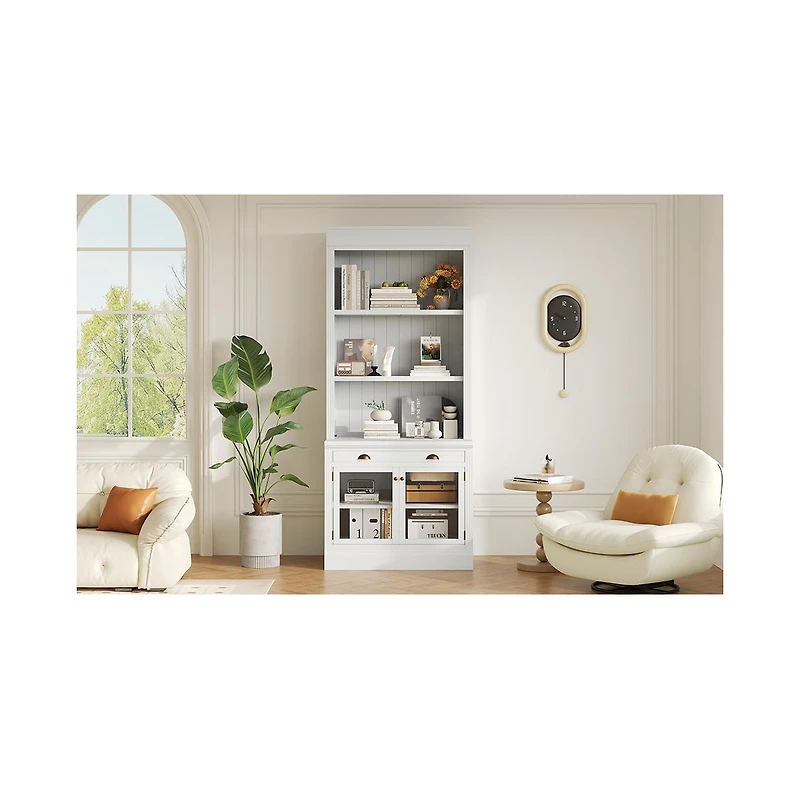 Streamdale Modern Bookcase with Glass Doors & Drawer, 83.4" Tall, White