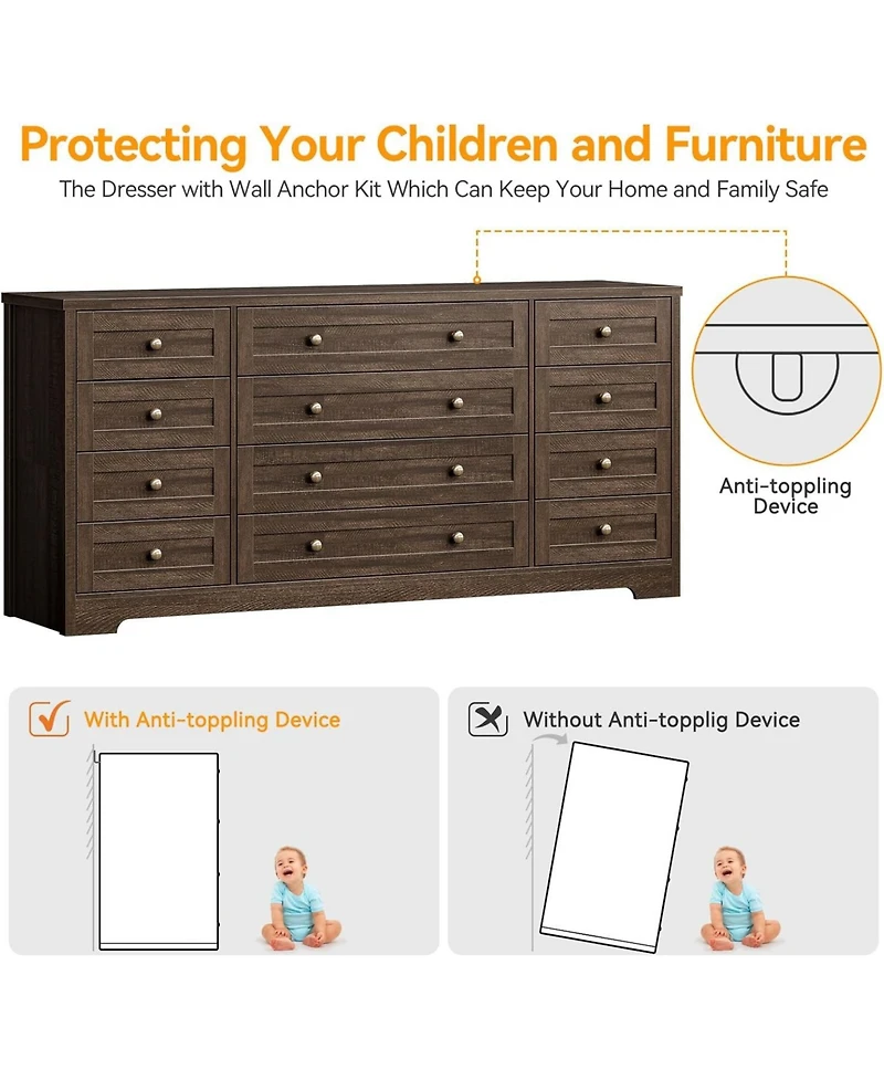 Gaomon 63" Solid Wood 12-Drawer Bedroom Dresser