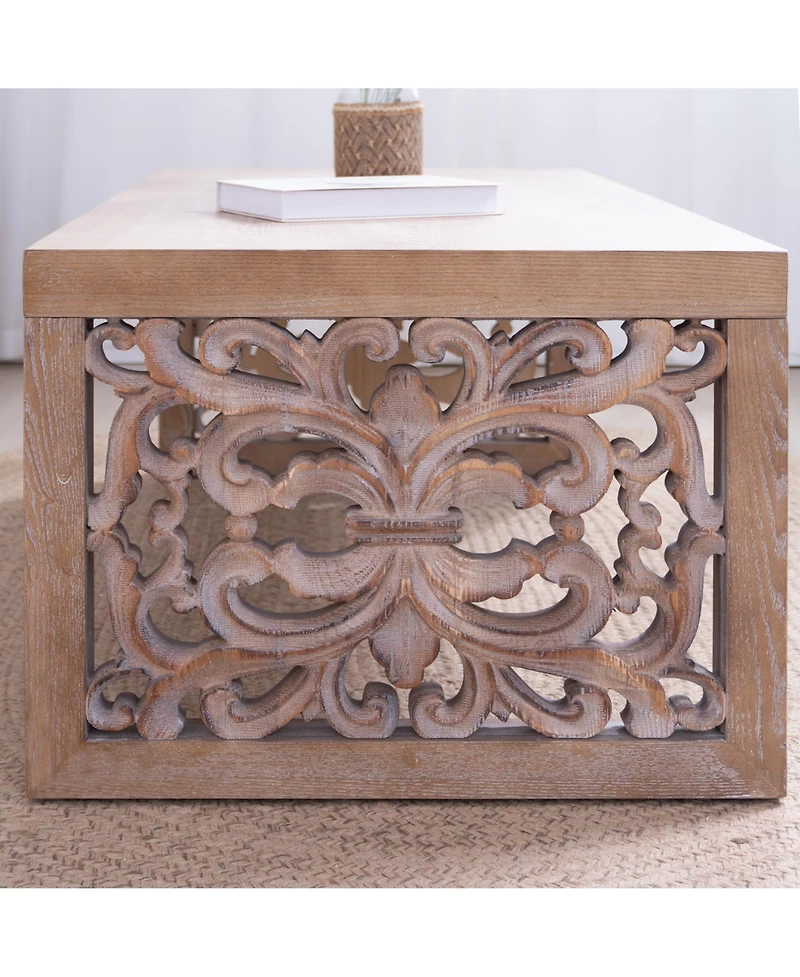 Streamdale Furniture Rustic Carved Wood Coffee Table - Ornate Panels, Natural Finish