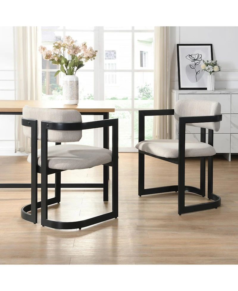 Streamdale Furniture + Set of 2 + Beige Fabric + Black Metal Frame + Upholstered Dining Chairs
