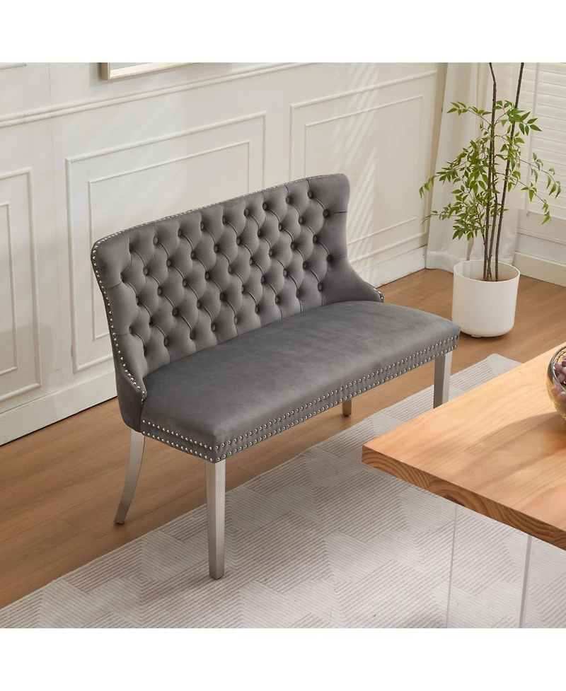 Streamdale Furniture Velvet Tufted Dining Bench, Wingback, Silver Legs, Mid Century Modern, Gray
