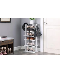 Streamdale Furniture 7-Tier Vertical Shoe Rack Organizer with Hooks - White