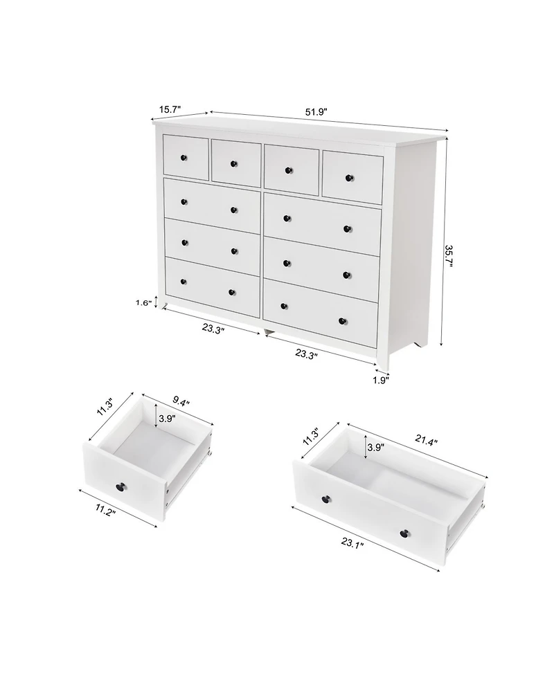 Streamdale Furniture White 10-Drawer Dresser - Modern Bedroom Storage