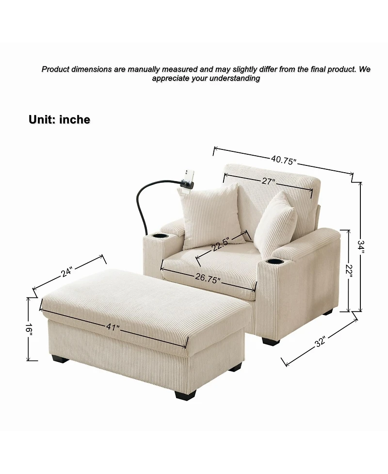 Streamdale Furniture 55" Oversized Chaise Lounge Chair with Ottoman, Storage & Usb - Beige