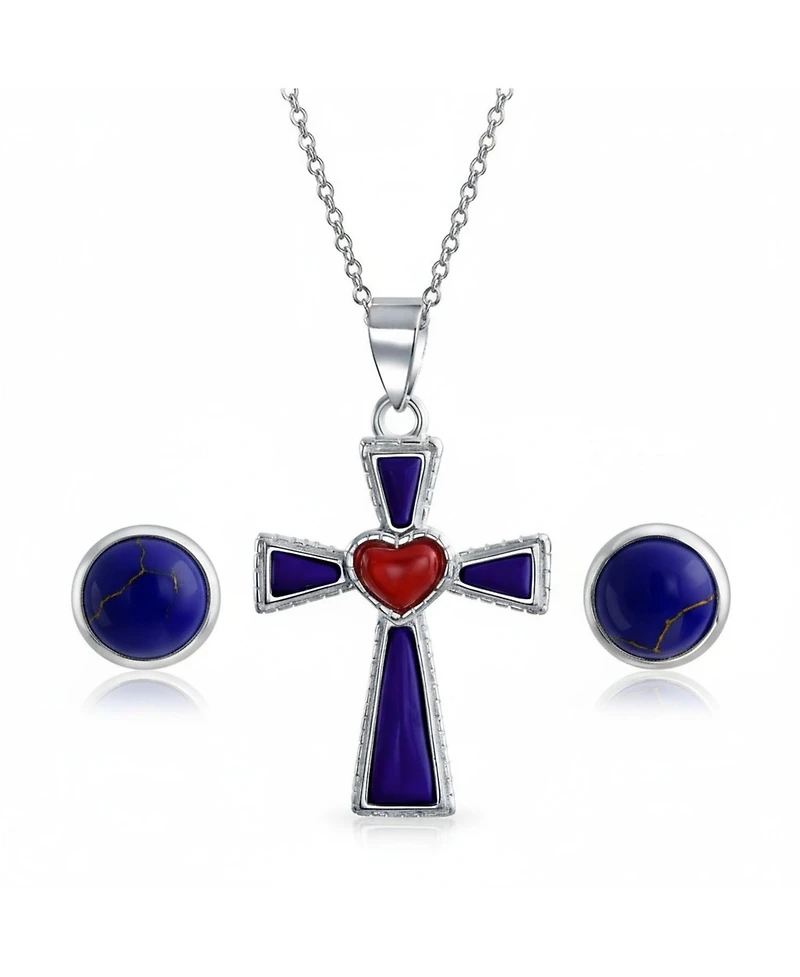 Bling Jewelry Created Blue Lapis Cross Pendant Necklace and Round Stud Earrings Jewelry Set Sterling Silver