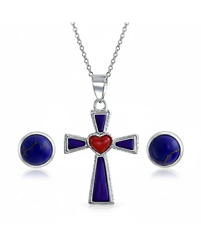 Bling Jewelry Created Blue Lapis Cross Pendant Necklace and Round Stud Earrings Jewelry Set Sterling Silver