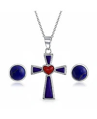 Bling Jewelry Created Blue Lapis Cross Pendant Necklace and Round Stud Earrings Jewelry Set Sterling Silver