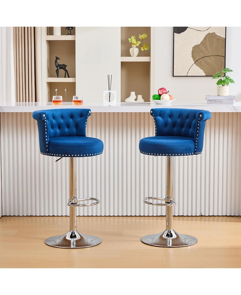 Streamdale Furniture Velvet Bar Stool Set of 2, Adjustable Swivel, Silver Legs