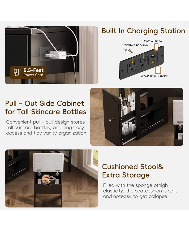 Streamdale Corner Vanity Desk Set, Cushioned Stool, Charging Station, Black