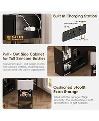 Streamdale Corner Vanity Desk Set, Cushioned Stool, Charging Station, Black