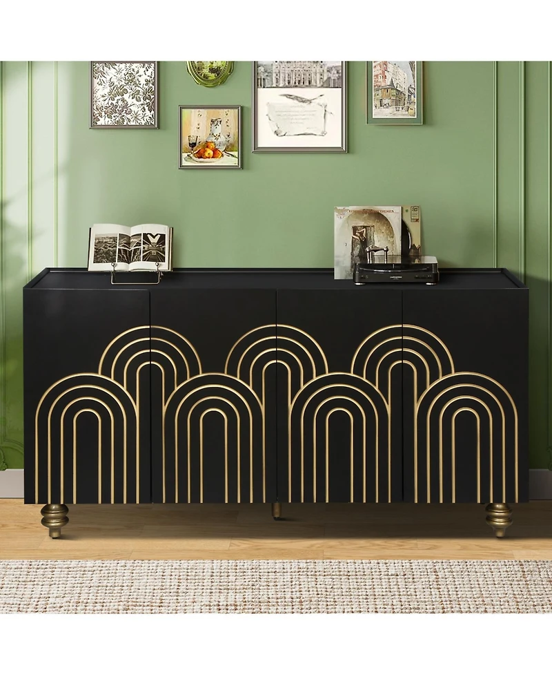 Streamdale Furniture Streamdale Black Fluted Sideboard Buffet - 4 Doors, Adjustable Shelves