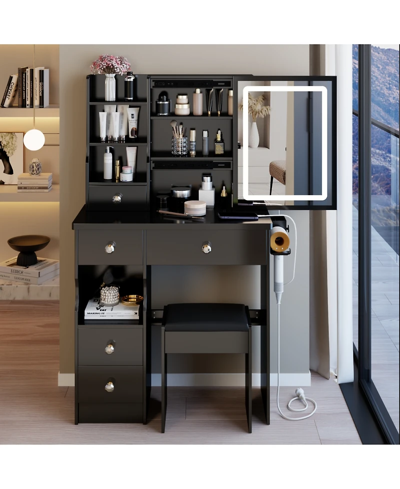 Streamdale Furniture 29.2" Vanity Table Led Mirror Power Stool