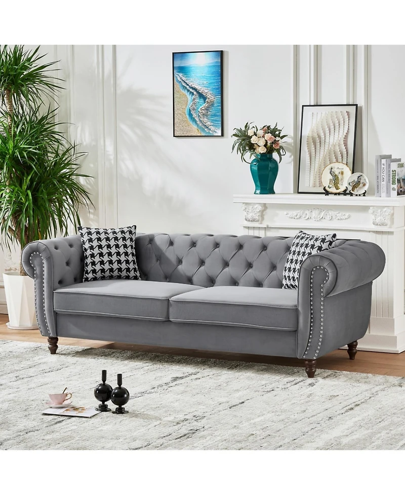 Streamdale Furniture Streamdale 87" Chesterfield Velvet Sofa, Roll Arm, Nailhead Trim