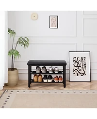 Streamdale Furniture Shoe Bench with Seat Cushion, 3-Tier Shoe Rack, Metal Mesh Shelves