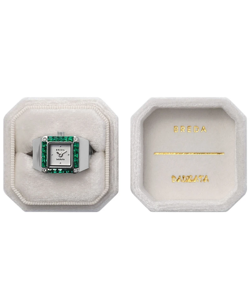 Breda Women's x Dalmata Time Ring Emerald Crystals and Stainless Steel Expandable Ring Watch, 15mm