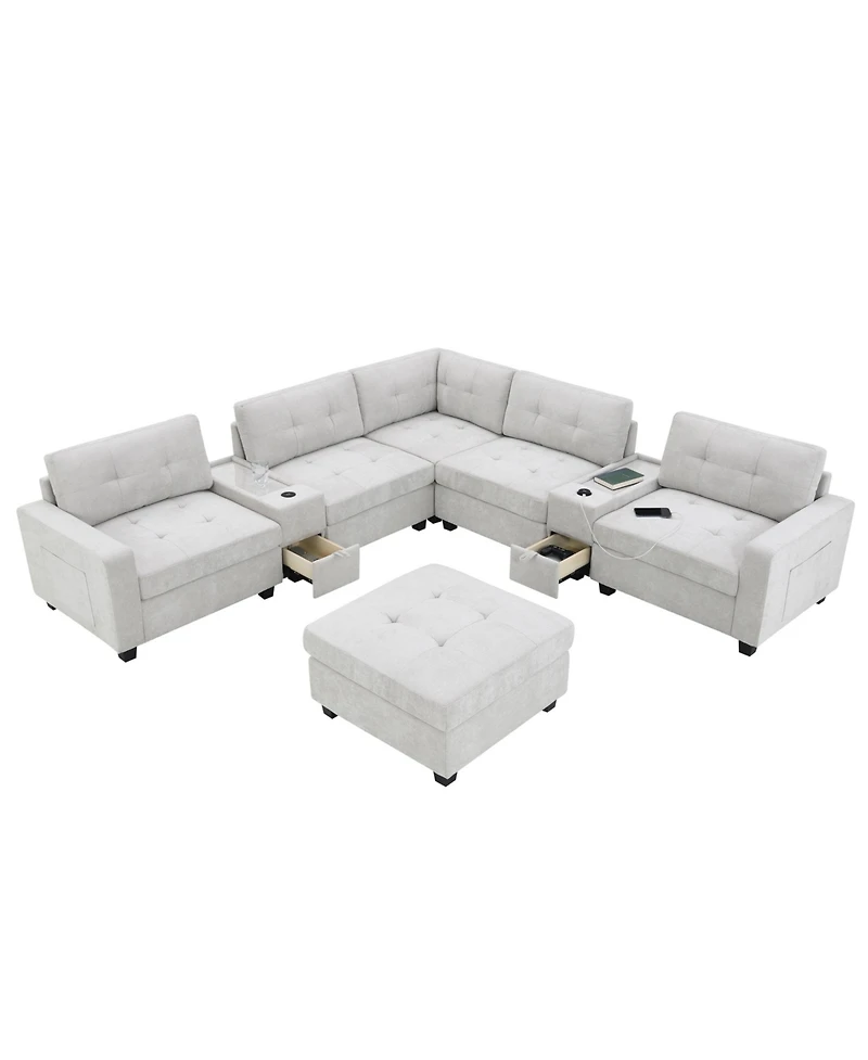 Streamdale Furniture 104" Tufted Sectional Sofa with Acrylic Table, Consoles, Usb Charger, Storage, Ottoman