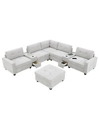 Streamdale Furniture 104" Tufted Sectional Sofa with Acrylic Table, Consoles, Usb Charger, Storage, Ottoman