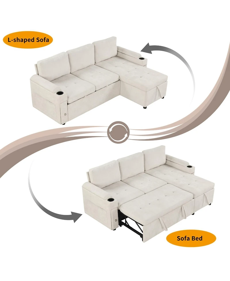 Streamdale 83.5" L-Shaped Sofa Bed with Storage, Cup Holders & Usb