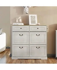Streamdale Furniture Shoe Storage Cabinet - 2 Drawers, 4 Flip Drawers - Antique White