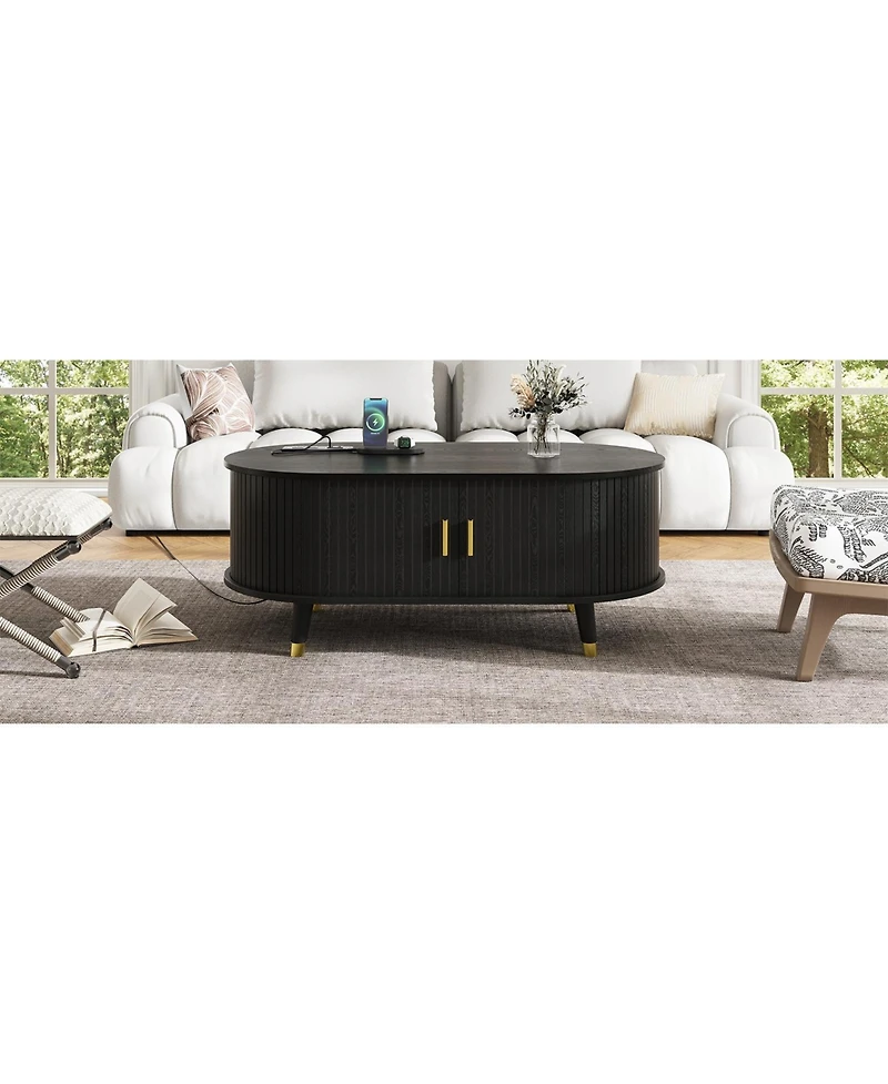 Streamdale Furniture 42.5" Oval Fluted Coffee Table w/ Charging Station & Sliding Door