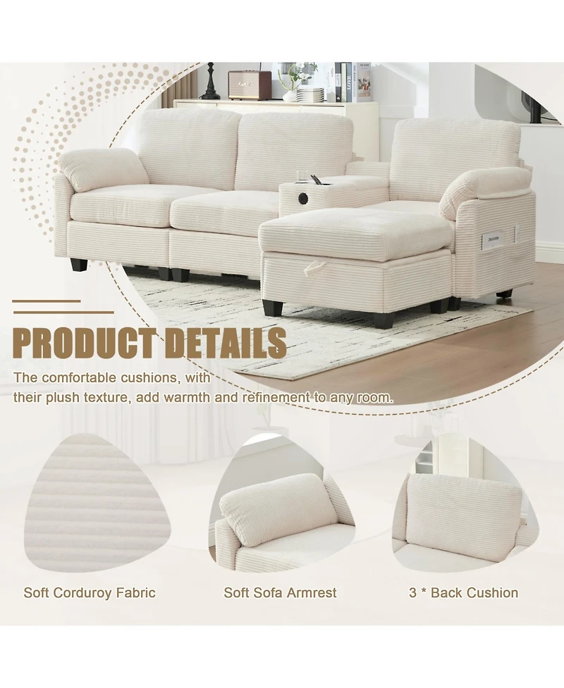 Streamdale Furniture L-Shape Corduroy Sofa- 4-Seater, Usb, Storage