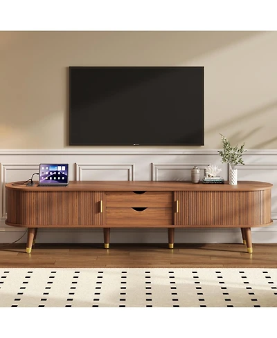Streamdale Furniture Streamdale Wooden Oval Tv Stand with Charging Station, Mid-Century Media Console, Walnut