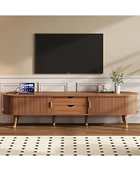 Streamdale Furniture Streamdale Wooden Oval Tv Stand with Charging Station, Mid-Century Media Console, Walnut