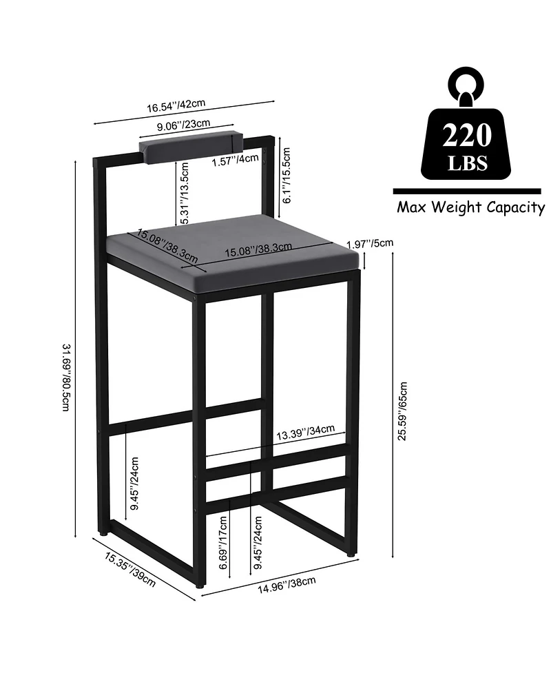 Streamdale Furniture Velvet Bar Stools Set of 2, Counter Height, Black & Gray