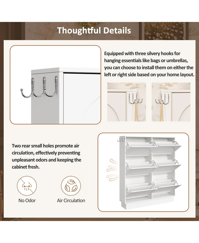 Streamdale Furniture Streamdale Elegant Narrow Shoe Cabinet with 6 Drawers & Hooks