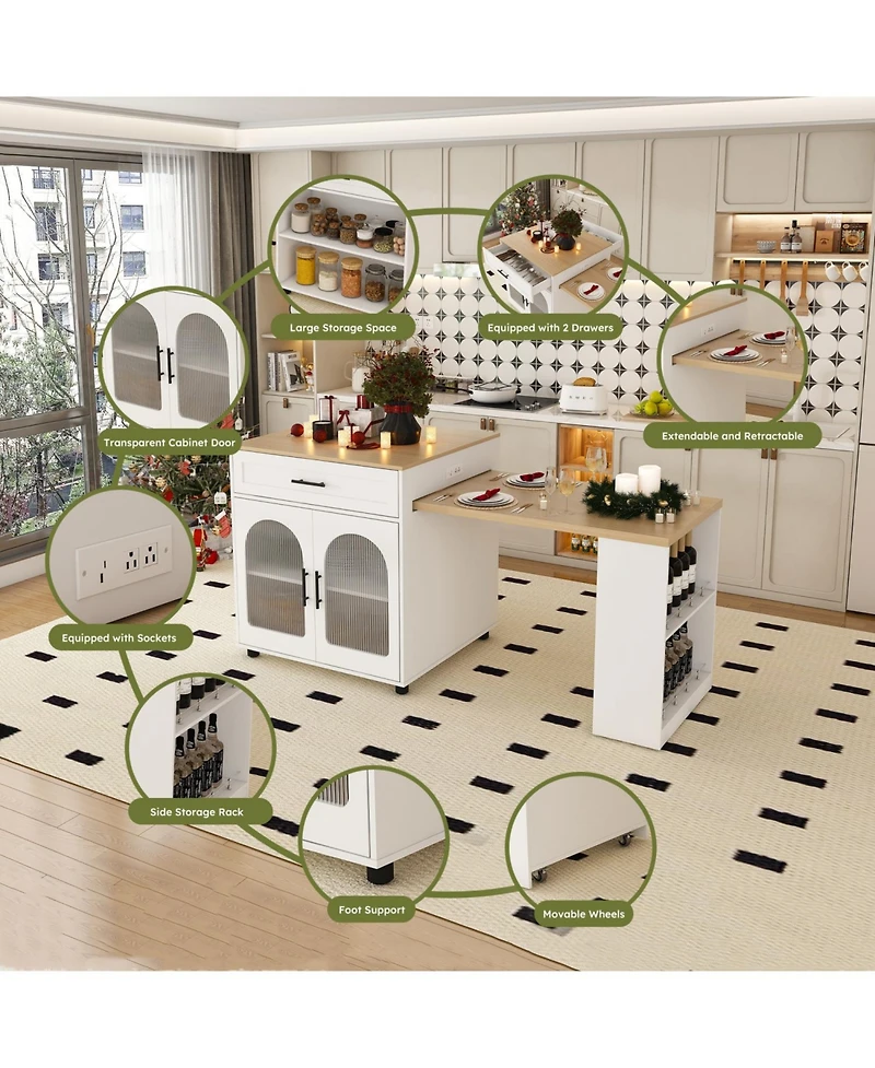 Streamdale Furniture 80" Expandable Kitchen Island, Solid Wood Top, Power Outlet, Mobile Cart