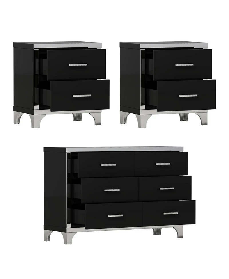 Streamdale Furniture 3-Pieces Sets,Dresser and Two Nightstands with Metal Handles Mirror Decoration, Elegant